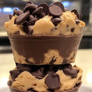May include: Two chocolate chip cookie dough cups stacked on top of each other. The cups are made of chocolate and filled with cookie dough and chocolate chips.
