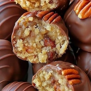 Könnte beinhalten: Nahaufnahme von schokoladenüberzogenen Pekannuss-Pralinen. Die Pralinen haben eine glatte, dunkle Schokoladenhülle mit einer Pekannusshälfte obenauf. Das Innere einer Praline ist sichtbar und zeigt eine hellfarbene, bröselige Füllung mit Nuss- und Trockenfruchtstücken.