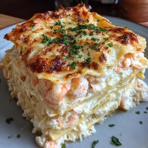May include: A slice of shrimp lasagna on a gray plate. The lasagna features layers of pasta, creamy white sauce, and visible shrimp. The top layer is golden brown and bubbly, garnished with chopped green herbs.