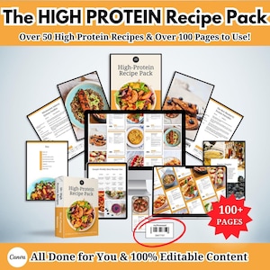 Puede incluir: Una maqueta de producto digital que presenta una colección de más de 50 recetas ricas en proteínas. Las recetas están organizadas en un paquete de recetas digital de más de 100 páginas. La imagen muestra una variedad de recetas, incluyendo una ensalada con camarones, un tazón de desayuno con bayas y un plato de panqueques. El texto "High-Protein Recipe Pack" es visible en la portada del paquete de recetas.