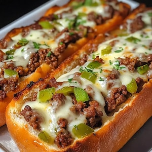 Puede incluir: Primer plano de tres bollos de pan tostados rellenos de carne picada, queso derretido y pimientos verdes. Los bollos están dispuestos sobre una superficie blanca.