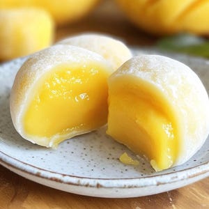 Può includere: Primo piano di mochi, un dolce di riso giapponese, con un ripieno giallo brillante. Un mochi è tagliato, rivelando l'interno cremoso. I mochi sono cosparsi di una polvere bianca e sono su un piatto macchiato.