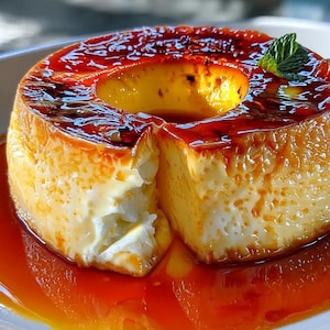 Peut inclure: Gros plan sur un flan au caramel avec un trou au centre, servi sur une assiette blanche. Le flan a un dessus caramélisé brun doré et un intérieur crémeux et clair. Une petite feuille de menthe est posée dessus.