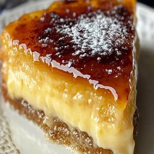 May include: A slice of custard tart with a caramelized sugar topping and a dusting of powdered sugar. The tart has a golden brown crust and a creamy custard filling.