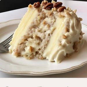 Puede incluir: Una rebanada de pastel con capas de bizcocho amarillo claro, un relleno blanco cremoso y un glaseado blanco. El pastel está cubierto con nueces picadas y nueces pecanas enteras. El pastel está sobre un plato blanco con un tenedor plateado.