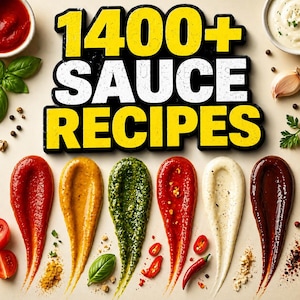 Puede incluir: Imagen que presenta una variedad de salsas en tonos rojos, amarillos y verdes, con el texto "1400+ SAUCE RECIPES" en amarillo y blanco. Ingredientes como tomates, albahaca y chiles están dispersos alrededor de las salsas.