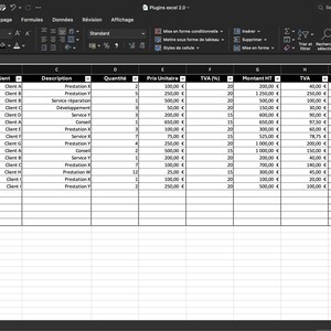 Peut inclure: Capture d'écran d'une feuille de calcul affichant des données financières. Les colonnes incluent les dates, les noms des clients, les descriptions, les quantités, les prix unitaires et les informations fiscales. La colonne d'état utilise un code couleur.