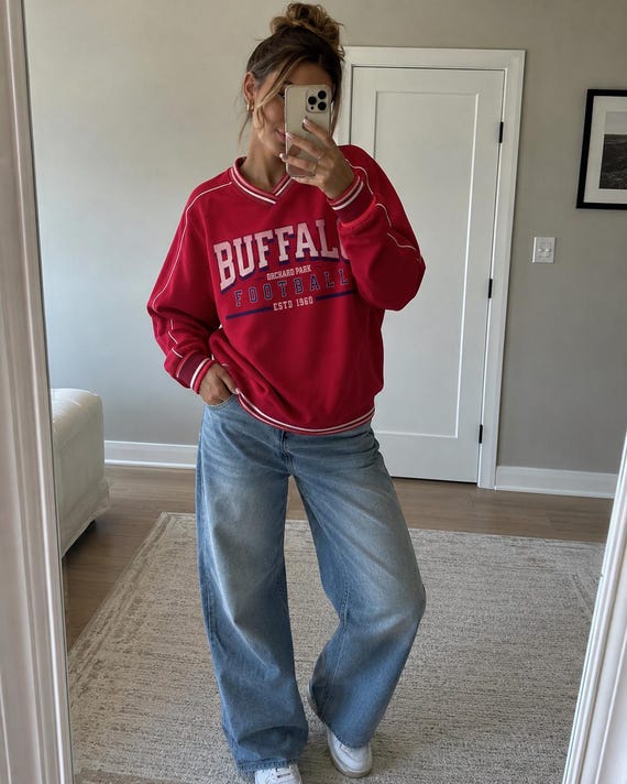 Buffalo Football Vintage Varsity Sweatshirt – Retro Game Day Crewneck | Red Buffalo Fan Sweatshirt | Football Lover Gift