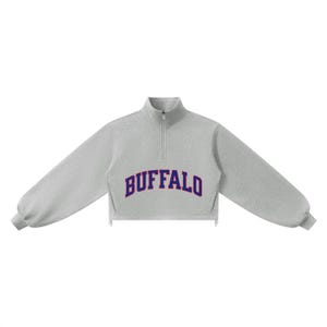 Buffalo Cropped Quarter Zip Sweatshirt | Women's Mock Neck Pullover | Game Day Apparel image 9