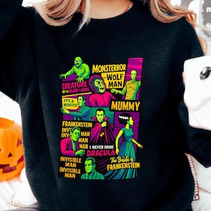 Vintage Universal Monsters Sweatshirt, Retro Horror Movie Graphic Top, Halloween Scary Shirts, 90s Gothic Horror Aesthetic Tee Big Print