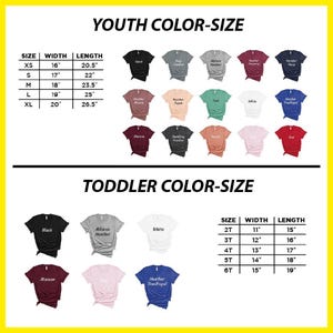 May include: A graphic showing a variety of t-shirts in different colors, sizes, and styles. The image includes size charts for youth and toddler sizes, with measurements in inches. The shirts are displayed with text labels.