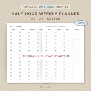 Puede incluir: Un planificador semanal imprimible sin fecha con intervalos de media hora en dos páginas, disponible en tamaños A4, A5 y carta. El diseño incluye columnas de lunes a domingo, horarios, una sección de prioridades, lista de tareas y opciones.