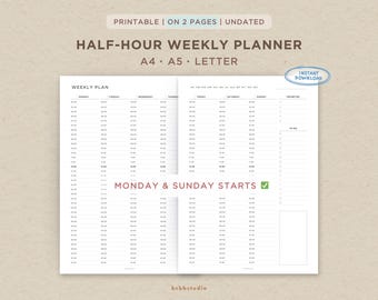 Puede incluir: Un planificador semanal imprimible sin fecha con intervalos de media hora en dos páginas, disponible en tamaños A4, A5 y carta. El diseño incluye columnas de lunes a domingo, horarios, una sección de prioridades, lista de tareas y opciones.