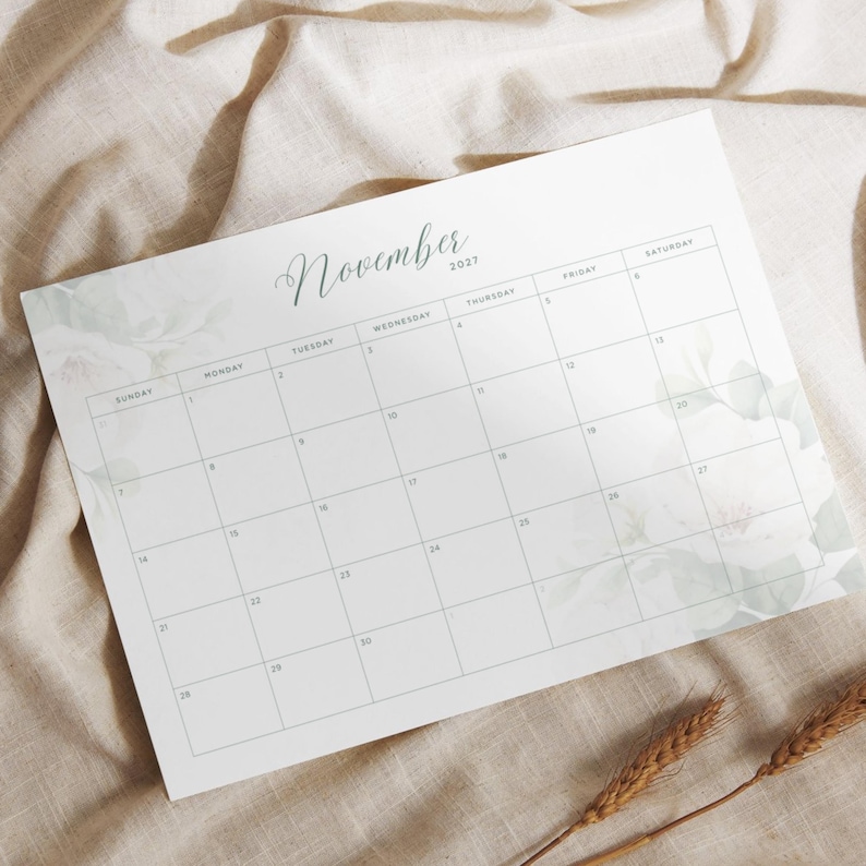Weekly Layout Horizontal 2027 Floral Monthly Calendar Printable Horizontal Calendar Soft Pastel ...