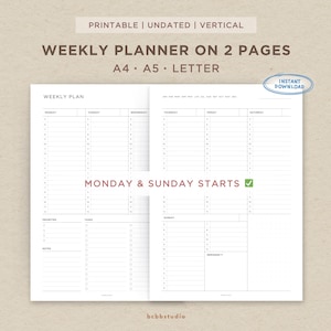 May include: A two-page weekly planner layout featuring vertical columns for Monday through Sunday, hourly time slots, and sections for priorities, tasks, and notes. The text includes "WEEKLY PLANNER ON 2 PAGES", "A4 A5 LETTER", and "MONDAY & SUNDAY STARTS".