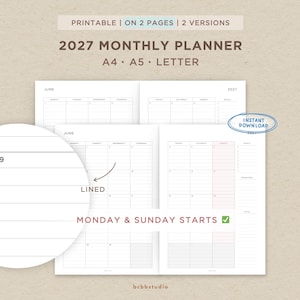 Puede incluir: Un planificador mensual 2027 imprimible en tamaños A4, A5 y carta. El planificador presenta un diseño blanco con texto negro, que incluye una vista de calendario mensual para junio, una sección de objetivos y un detalle circular.