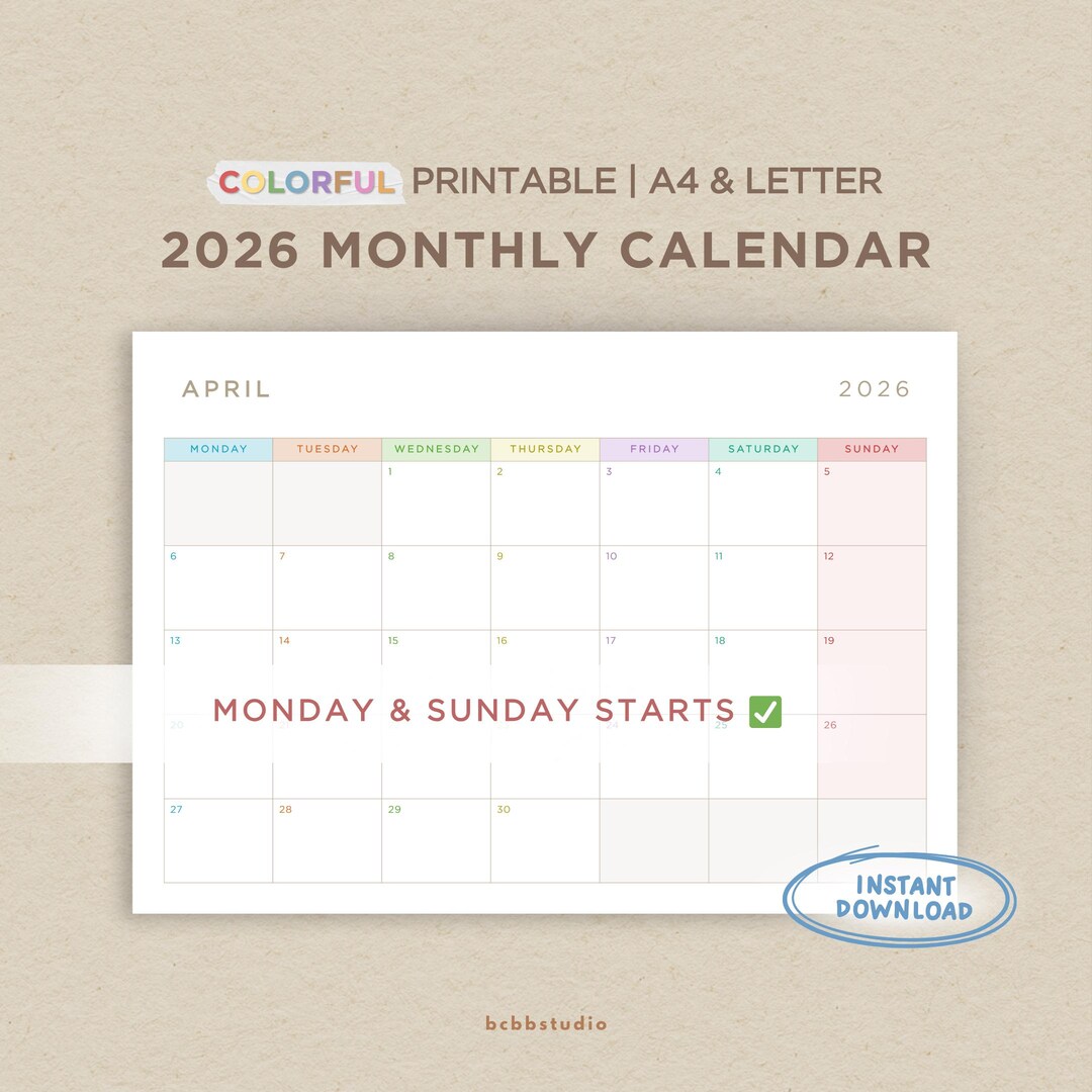 Colorful 2026 Monthly Calendar Printable Pastel Planner A4 Letter Size