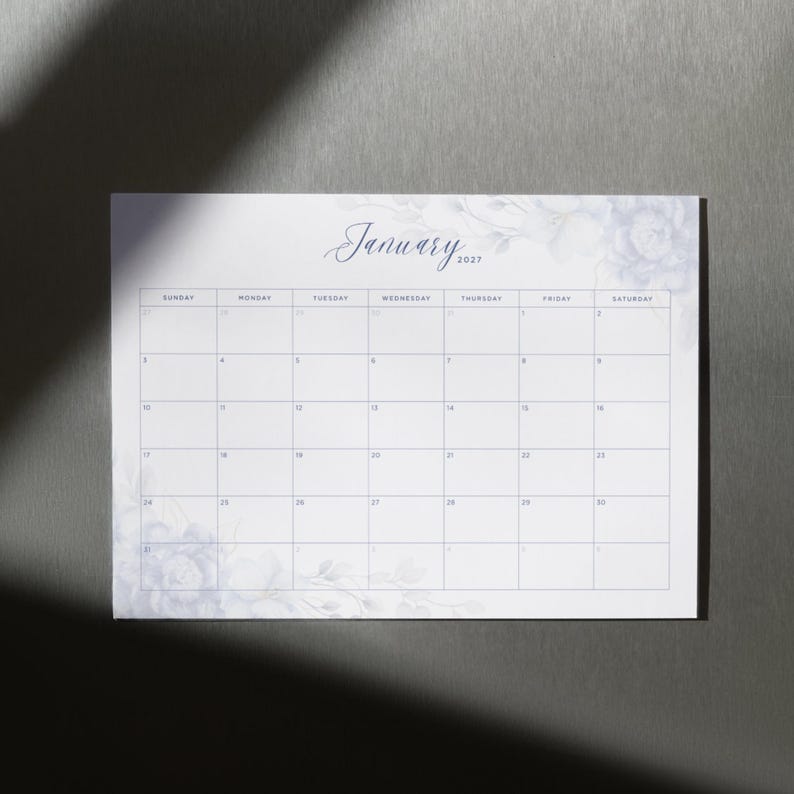 Weekly Layout Horizontal 2027 Floral Monthly Calendar Printable Horizontal Calendar Soft Pastel ...