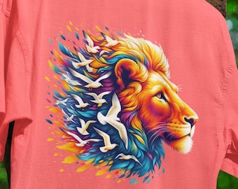 Boho Lion Graphic Tee, Watercolor Animal Print, Unisex Cotton Shirt