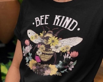 Bee Kind Floral T-Shirt, Whimsical Garden Lover Apparel, Cottagecore Bee Tee