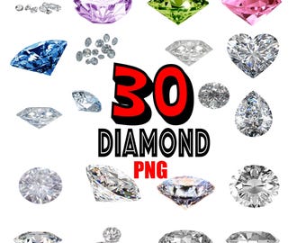 May include: A collection of 30 diamonds in different shapes and colours, including purple, green, pink, and blue. The image includes the text "30 DIAMOND PNG".
