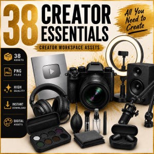 May include: A digital collection titled 38 Creator Essentials Creator Workspace Assets featuring a camera, ring light, speaker, microphone, headphones, earbuds, lens cleaning kit, and a silver play button icon, all presented as high-quality PNG files.