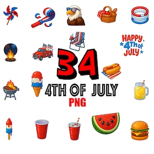 Pacote PNG de 4 de Julho, clipart realista e divertido para arte digital e artesanato, download instantâneo, clip art, feriado, verão, dia da independência