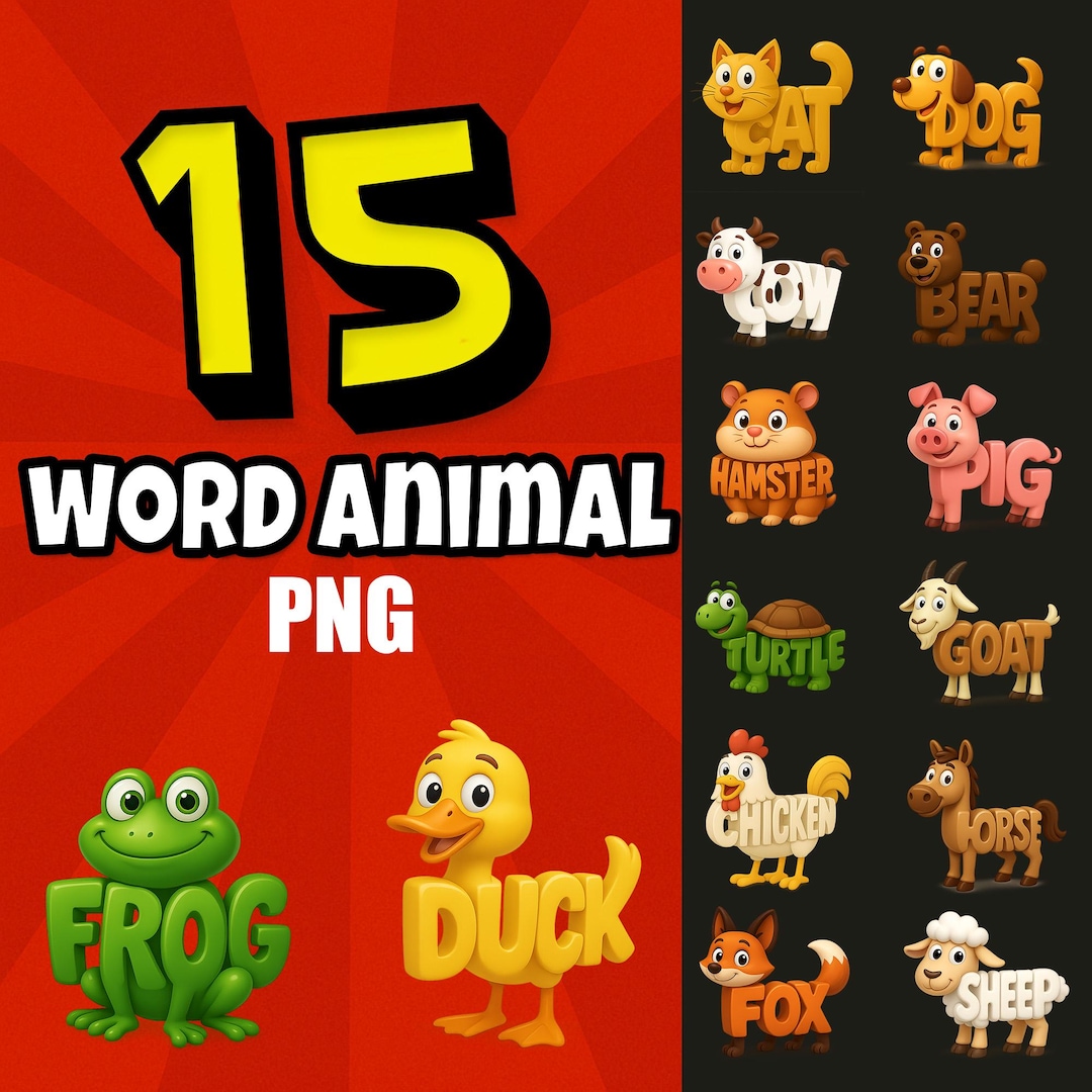 Word Animal PNG Bundle – 15 Cartoon Learning Designs (digital Download ...
