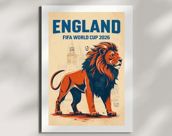 England World Cup 2026 Poster | Vintage Lion Football Art Print