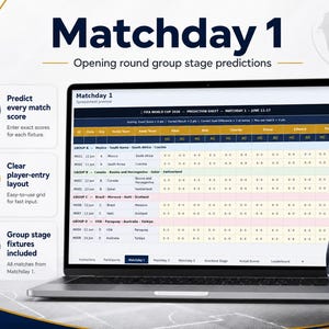 以下が含まれることがあります： FIFAワールドカップ2026の第1節予測スプレッドシートを表示したノートパソコン。画面にはグループステージの試合グリッドとスコア入力欄が表示されている。ノートパソコンの右側にはサッカーボールが置かれている。