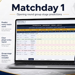 May include: A laptop displays a soccer prediction sheet for Matchday 1, with the text "Matchday 1" at the top. The screen shows a grid for entering scores, with a soccer ball in the foreground. The image includes icons for predicting scores, a clear layout, and group stage fixtures.
