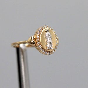 14k Gold Virgin Mary Ring: CZ Heart Detail, Dainty Religious Jewelry