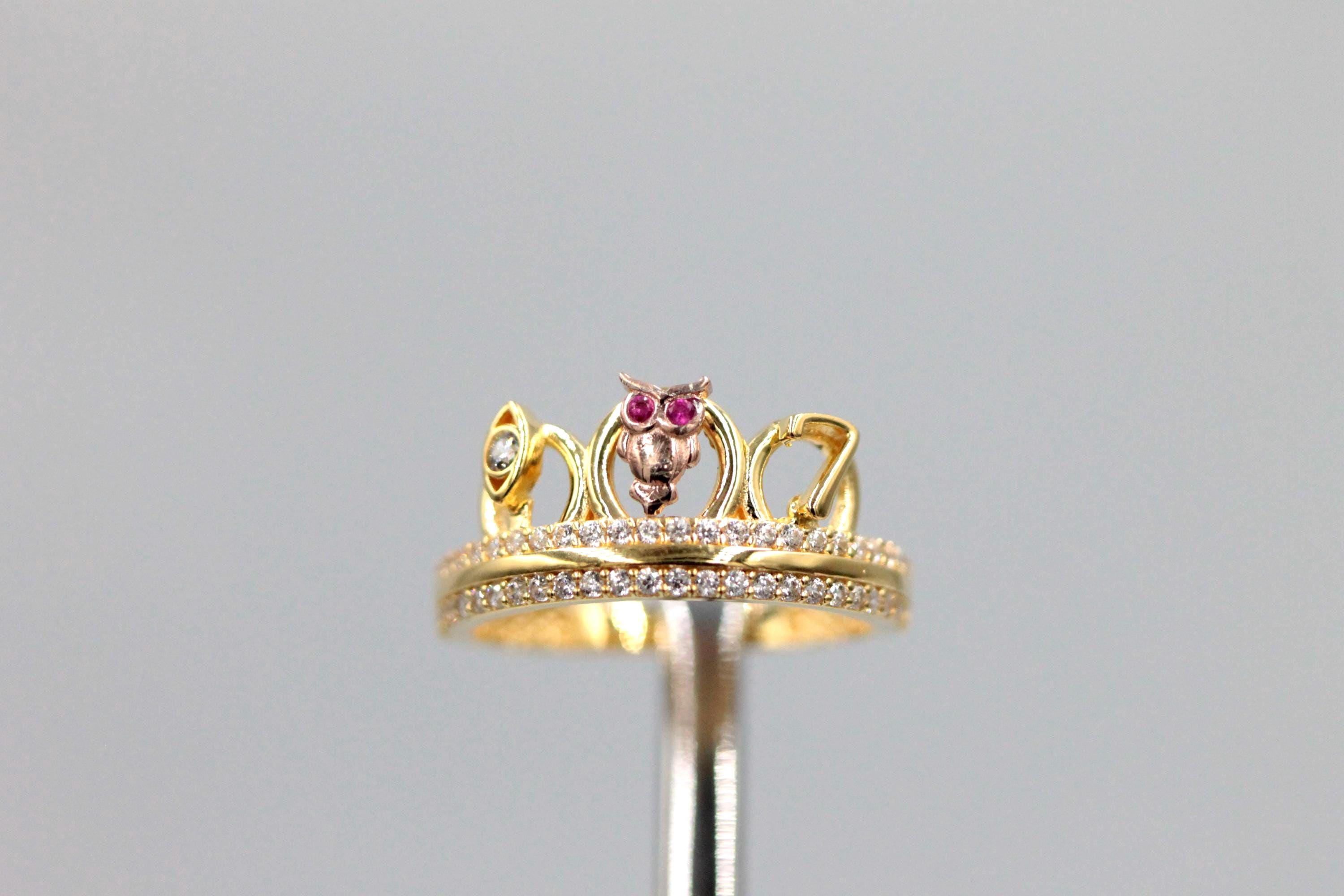 14K Gold Owl Crown Ring: Seven Eye Motif, Protection Jewelry