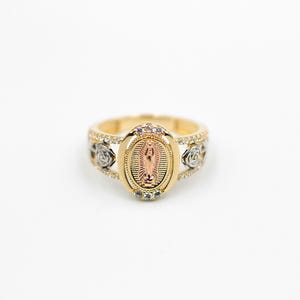 Tri-Tone Lady Guadalupe Ring: 10K & 14K Gold Virgin Mary Rose Symbol