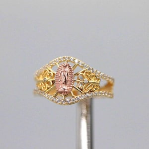 14K Gold Guadalupe Ring: Butterfly Motif, Virgin Mary Religious Jewelry