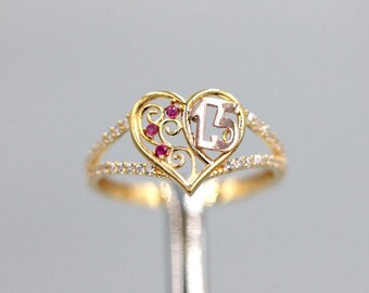 10K 14K Quinceanera Ring Solid Gold, Heart Shape, 15th Anos Ring, Perfect Birthday Gift For Girls