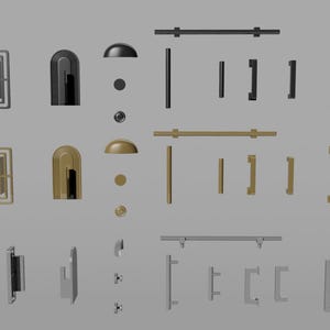 May include: Assortment of black, gold, and silver door hardware, including pulls, knobs, and rails. The hardware is arranged in three rows, with each row featuring a different finish.