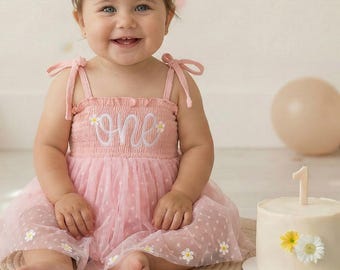 First Birthday Daisy Romper, Hand Embroidered “ONE” Cake Smash Outfit
