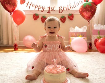 Strawberry Dress Romper, Embroidered ONE Baby Girl First Birthday Outfit