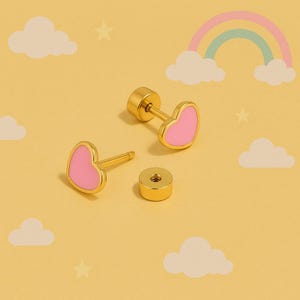 Heart Earrings for Baby Girls – Toddler Studs with Screw Back – Kids Jewelry – Gift for Daughter – Red or Pink Earrings for Sensitive Ears