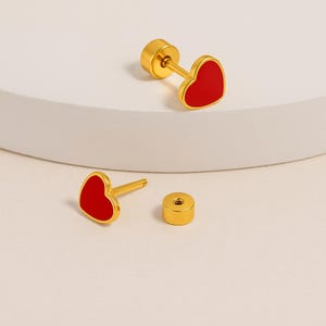 18K Gold Plated Heart Stud Earrings: Red Enamel Stainless Steel