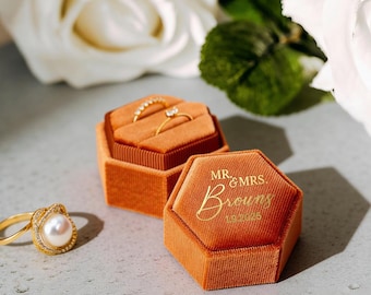 Double Slot Velvet Ring Box, Valentines Day, Personalized Engagement Ring Box, Wedding Ring Box, Proposal Ring Bearer, Monogram Ring Box