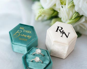 Caja de terciopelo personalizada para anillos, porta anillos con monograma, caja personalizada para anillos de boda, caja para anillos de boda, ranura doble, ranura simple