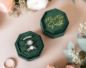 Triple Slot Velvet Ring Box, Personalized Velvet Ring Box, Engagement Ring Box, Wedding Ring Box, Proposal Ring Bearer, Monogram Ring Box