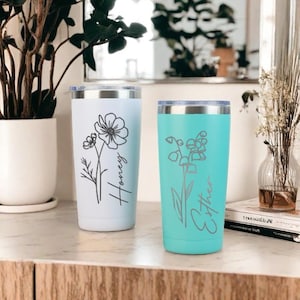 Personalized Birth Flower Tumbler, Laser Engraved Name 20oz Tumbler, Stainless Steel, Birth Flower Name Tumbler, Birthday Gifts for Her
