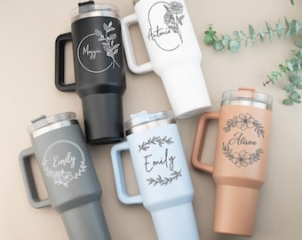 Vaso personalizado de 40 oz con nombre, vasos de acero inoxidable con asa de paja, regalo para dama de honor, despedida de soltera, vaso personalizado