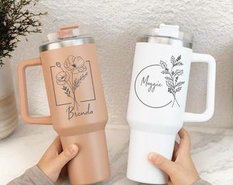 Vaso personalizado con flores de nacimiento y nombre, de acero inoxidable de 40 oz, regalo para dama de honor, propuesta de matrimonio, con asa y pajita.