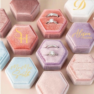 Double Slot Velvet Ring Box, Valentines Day, Personalized Engagement Ring Box, Wedding Ring Box, Proposal Ring Bearer, Monogram Ring Box
