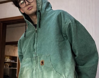 Carhartt Vintage Green Jacket Hoodie M Y2K Workwear Zip Up j130 Hooded Jacket Streetwear Faded Green