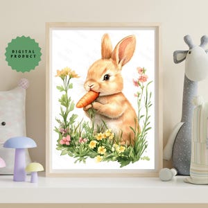 Adorable Bunny Digital Wall Art - Watercolor Rabbit with Carrot Printable for Nursery or Kids Room Decor